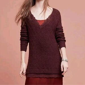 Anthropologie Knitted & Knotted V-Neck Sweater with Lace Detail - Medium